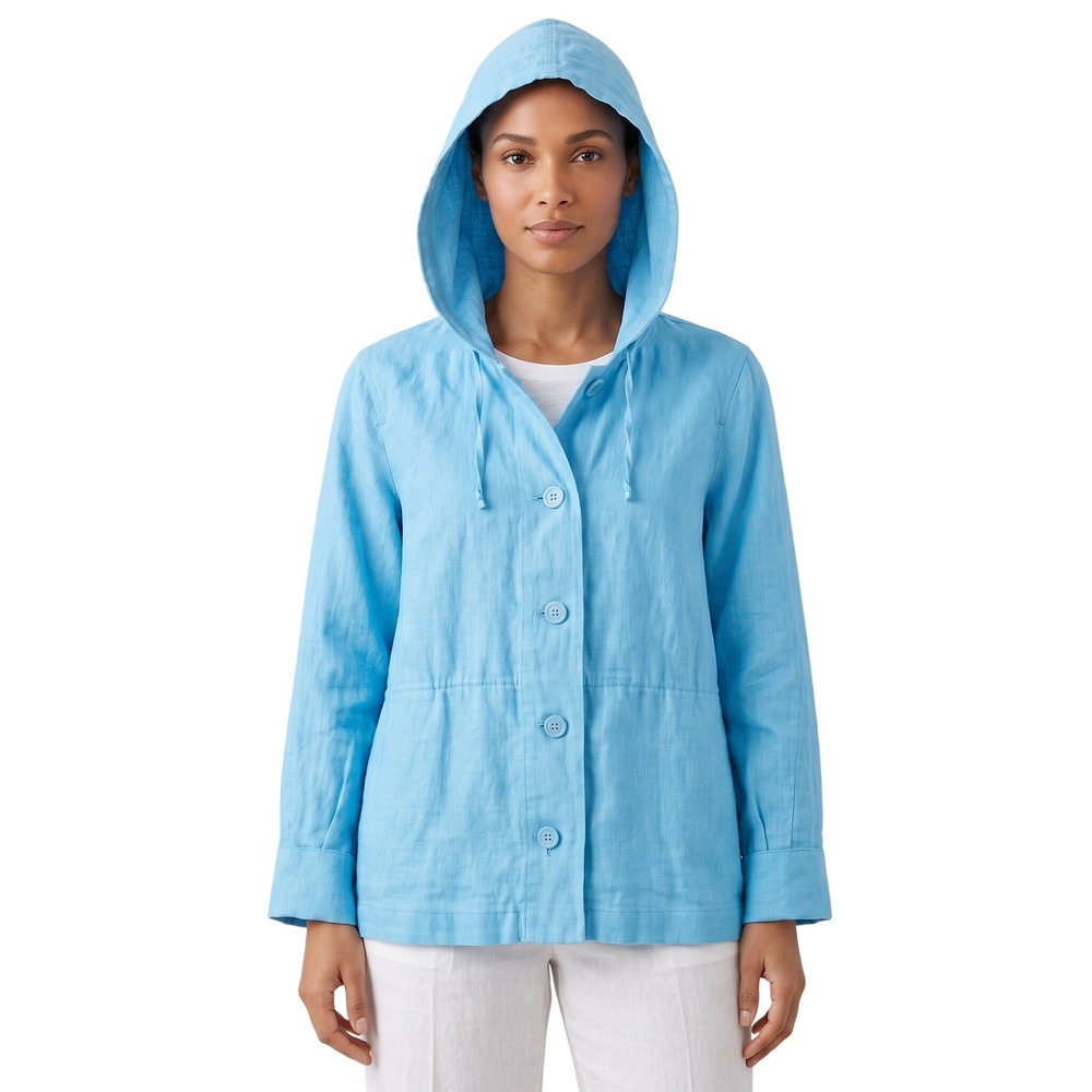 J. Jill Pretty Blue Linen Button Front Jacket with Hoodie. Size S
